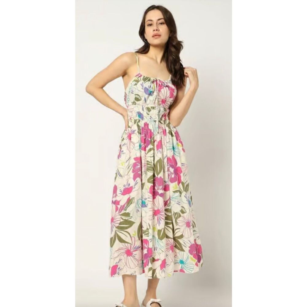 GAP Floral Smocked Maxi Dress XS Cotton Rayon Blend Boho Strappy Pink Green